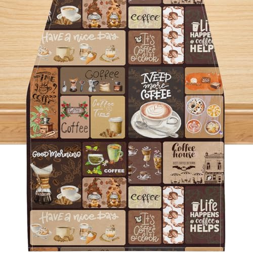 Coffee Theme Table Runner, Rustic Brown Kitchen Linen Table Runner with Coffee Cups and Beans Collage, Washable Cafe Dining Table Decor, 13x36 Inch - color: Coffee, size: 13x36inch