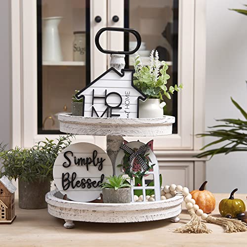 Houmury Rustic Farmhouse Tiered Tray Set with Succulent & Plant - Home Decor for Kitchens (Set of 8 Without Trays)