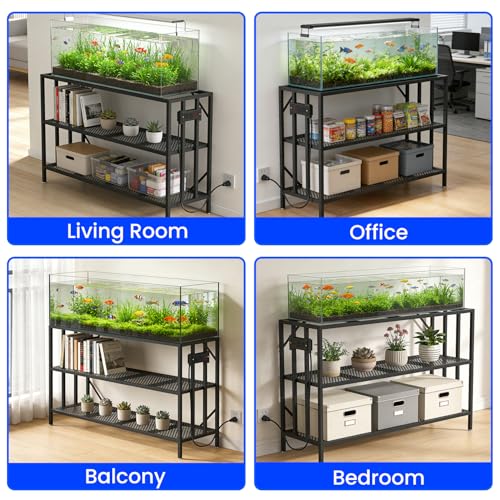 55-75 Gallon Fish Tank Stand with Power Outlet, Heavy Duty Metal Aquarium Stand, 3-Tier Adjustable Storage Shelf for Home and Office, 1000LBS Capacity, Black (Tank not Included) - size: 55-75 Gallon with Power Outlet
