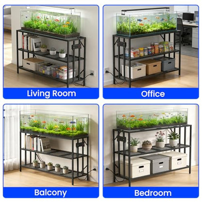 55-75 Gallon Fish Tank Stand with Power Outlet, Heavy Duty Metal Aquarium Stand, 3-Tier Adjustable Storage Shelf for Home and Office, 1000LBS Capacity, Black (Tank not Included) - size: 55-75 Gallon with Power Outlet