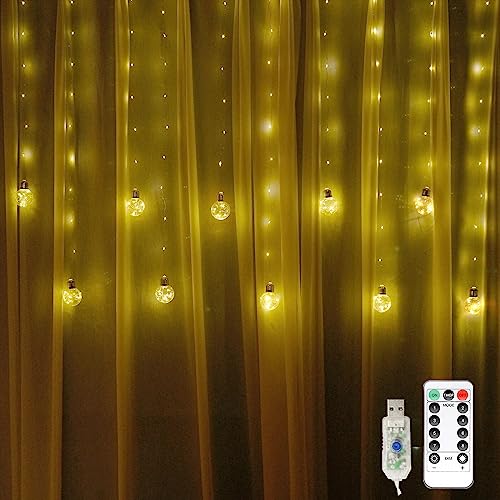 Wishing Ball Curtain Lights, 8 Modes 200 LED USB Powered Window Curtain String Lights with Remote Globe Twinkle Fairy Firefly Lights for Bedroom Wedding Party Christmas - color: Warm White