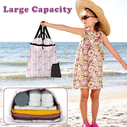 Pink Ribbon Bow Drawstring Backpack, 15” x 17” Waterproof Swim Bag for Beach Swimming Pool, Lightweight Foldable Gym Bag with Water Bottle Holder for Sports Travel - color: Pink Bows Stripes