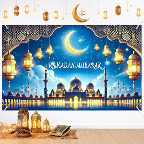 BlissYard Ramadan Mubarak Banner Backdrop 71x43 Inch Islamic Blue Night Mosque Photo Background with Hanging Lanterns and Crescent Moon for Ramadan Decorations Muslim Home Party Wall Hanging Display - color: Ramadan Mubarak Decor#011