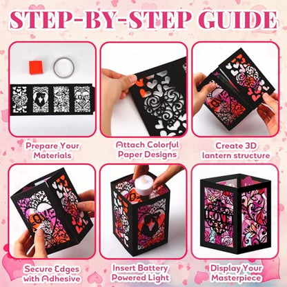 Retisee 24 Pcs Valentine's Day Decorations Paper Lanterns Craft Kits Valentine's Day Candles Holders Paper Boxes Lanterns DIY Craft Kits for Home Decorations Art Project - style: Valentine's Day