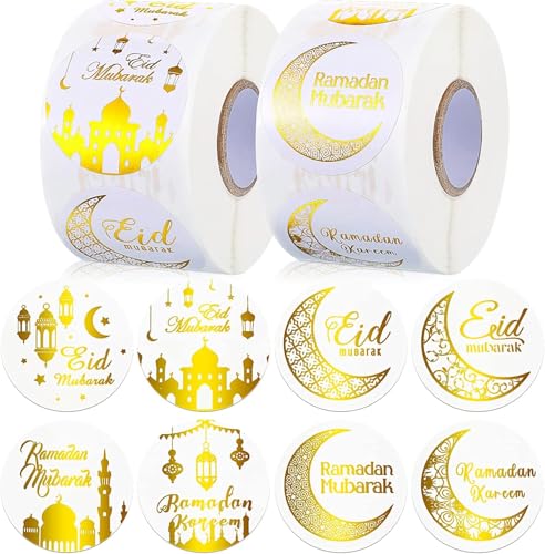 500피스 라마단 이드 알피트르 라운드 스티커 롤, 2.5cm(1인치) 문 스타 모스크 돔 패턴 이슬람 무바라크 장식, 무슬림 축하 선물 포장 씰 라벨 골든 - color: 골든