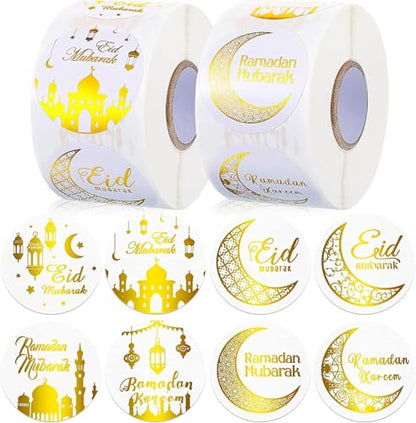 500pcs Ramadan Eid al-Fitr Round Stickers Roll, 1-inch Moon Star Mosque Dome Pattern Islamic Mubarak Decorations, Muslim Celebration Gift Wrap Seal Labels Golden - color: Golden