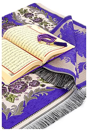 ihvan online Luxury Islamic Prayer Velvet Covered Gift Box, Deluxe 4 Piece Set with Elegant Velvet Covered Quran & Prayer Beads Tesbih & Prayer Rug, Ramadan & Eid Gift, Purple - color: Purple