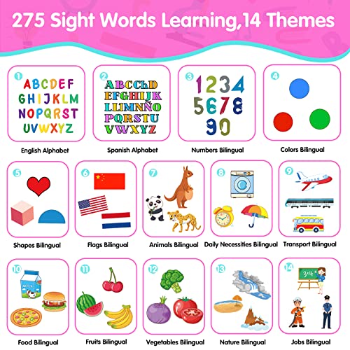 QuTZ ABC Learning Flash Cards for Toddlers 2-4 Bilingual Spanish English, Autism Toys, Speech Therapy Toys, Educational Talking 275 Sight Words Cards for Boys and Girls, - color: Pink