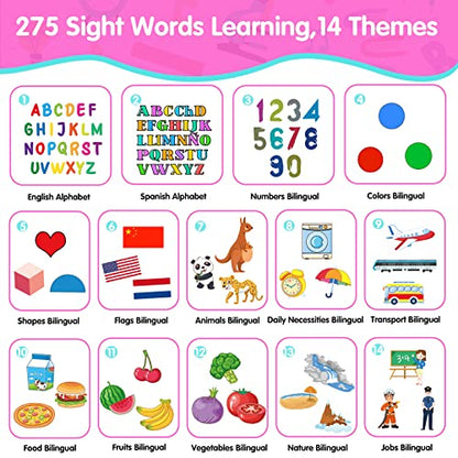 QuTZ ABC Learning Flash Cards for Toddlers 2-4 Bilingual Spanish English, Autism Toys, Speech Therapy Toys, Educational Talking 275 Sight Words Cards for Boys and Girls, - color: Pink