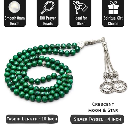 Amazing Gemstone Malachite Tasbeeh with Moon and Star Charm - Certified Crystal Muslim Prayer Beads Natural Gemstone Tasbih Gift for Ramadan Dhikr and Daily Namaz (S) - color: Malachite