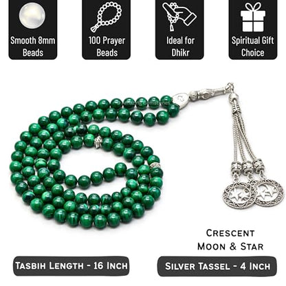 Amazing Gemstone Malachite Tasbeeh with Moon and Star Charm - Certified Crystal Muslim Prayer Beads Natural Gemstone Tasbih Gift for Ramadan Dhikr and Daily Namaz (S) - color: Malachite