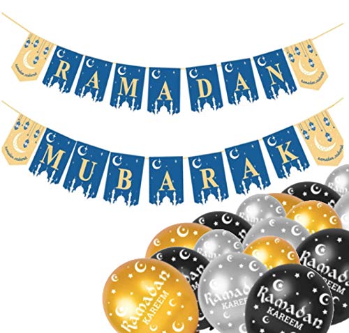 Ramadan Kareem Eid Decorations Bunting Banners Kullu am wa antum bikhair Balloons Latex Islamic Balloons Birthday Party Black, Gold, Silver Balloon Banners Latex 12" each (Blue+15pcs) - color: Blue,gold,silver