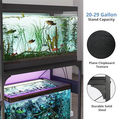 VOWNER 20-29 Gallon Fish Tank Stand with Power Outlet, Aquarium Stand,Black | Shelves for Fish Tank Accessories Storage, Heavy Duty Metal Frame, Turtle Reptile Terrarium Stand, Load 500lb - color: Black
