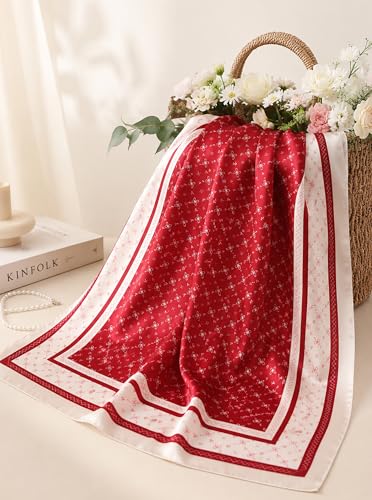 Satin Hijab Scarf for Women, Silk-Feeling Muslim Headscarf, Digital Bow Letter Print Head Wrap Shawl for Summer - color: Mlp004-red