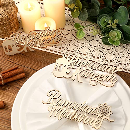 24 Pieces Eid Mubarak Plate Setting Hanging Wooden Word Eid Wood Sign Kareem Moon Star Ramadan Decorations Islamic Table Decor for Al Adha Muslim Home Pendant Wall Party Ornaments