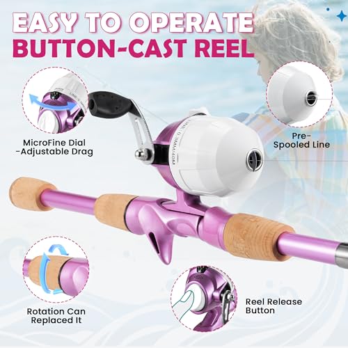 Kids Fishing Pole, Portable Telescopic Kids Fishing Poles for Boys Girls Youth, Fishing Rod and Reel Combo - color: Metallic Pink