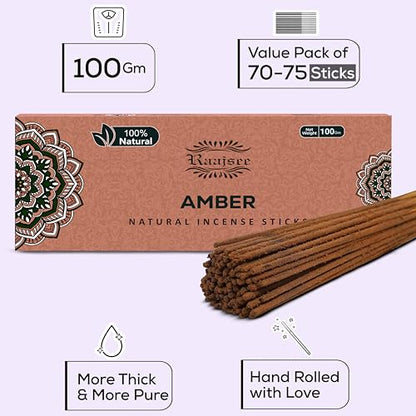 Raajsee Amber Incense Sticks 100 Gm Pack-100% Pure Organic - Natural Hand Rolled Free from Chemicals-Insence for Church,Relaxation, Meditation & Sensual Therapy - color: Amber