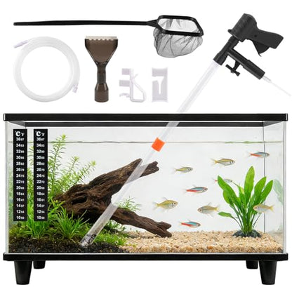 Aquarium Gravel Cleaner, Fish Tank Cleaner Kit, Aquarium Manual Press Noiseless Water Changer, Including Net,Thermometers & Cleaning Accessories for Fish Tank Maintenance