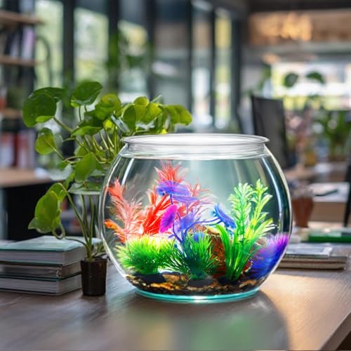 1 Gallon Plastic Betta Fish Bowl with 6 Pcs Artificial Plastic Plants and 500g Decorative Gravel, Betta Fish Tank and Decoration Accessories Small Large Bowl Ornaments Starter Kit - size: 1 Gallon