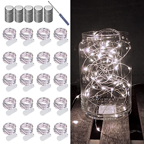 LAMPHOME 20 Pack Fairy Lights Battery Operated String Lights, 20 LED on 6.6FT Silvery Copper Wire, Firefly Fairy String Lights for Wedding Party Mason Jar Christmas Decorations Bedroom Decor(White) - color: White, size: 20 PACK