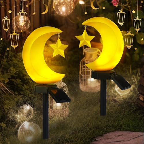 VIHOSE 2 Pack Eid Al Adha Solar Ramadan Lights Decoration Outdoor Eid Mubarak Light Moon Star Stakes Solar Light Ramadan Lantern Waterproof for Pathway Garden Patio Lawn Yard Walkway Decor