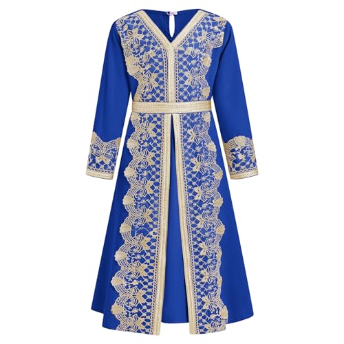 FYMNSI Kids Girls Muslim Abaya Dress Modest Lace Belted Prayer Dress Islamic Maxi Robe Kaftan Ramadan Arabian Dubai Clothes - color: Royal Blue, size: 6-7 Years