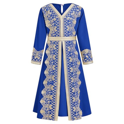FYMNSI Kids Girls Muslim Abaya Dress Modest Lace Belted Prayer Dress Islamic Maxi Robe Kaftan Ramadan Arabian Dubai Clothes - color: Royal Blue, size: 12-13 Years