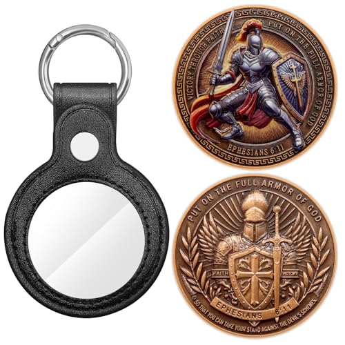 Armor of God Challenge Coin 3D Engraved Medal Medallion Keychain with Leather Coin Holder - color: Copper