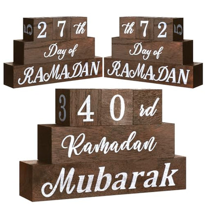 GlikCeil 5 Pcs Eid Mubarak Calendar Block Set Ramadan Advent Countdown Eid Calendar Countdown Blocks Wood Sign for Decorations Ramadan Wooden Tabletop Ornament Home Table Decor, Brown