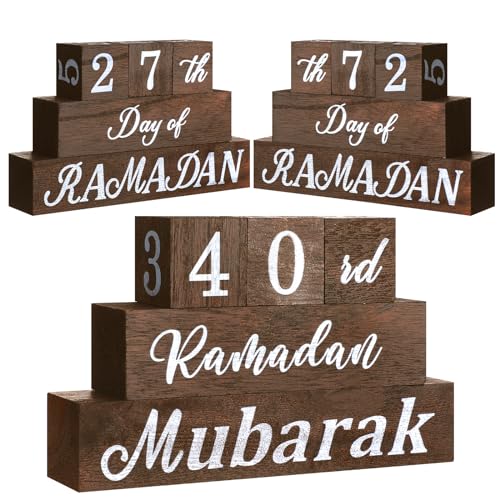 GlikCeil 5 Pcs Eid Mubarak Calendar Block Set Ramadan Advent Countdown Eid Calendar Countdown Blocks Wood Sign for Decorations Ramadan Wooden Tabletop Ornament Home Table Decor, Brown