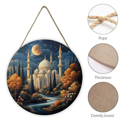 Starry Sky Mosque with Glowing Dome & Flowing River Scene Sign, Farmhouse Wood Decor, Rustic Hanging Plaque for Entryway, Living Room, Dining Room, 12x12 Inch
