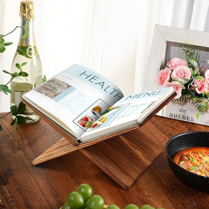 Geetery Book Stand Bamboo Book Holder for Display Reading Textbook Holder Open Display Stand for Open and Closed, Cookbook, Magazines, Textbooks, Recipe(Dark Brown) - color: Dark Brown