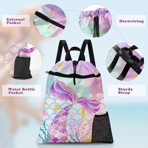 Pink Mermaid Drawstring Backpack, 15” x 17” Waterproof Swim Bag for Beach Swimming Pool, Lightweight Foldable Gym Bag with Water Bottle Holder for Sports Travel - color: Pink Mermaid