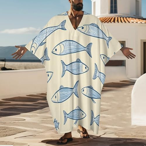 Sardine Fish Men's Kaftan Thobe V-Neck Long Gown Loose Robe - size: 3X-Large