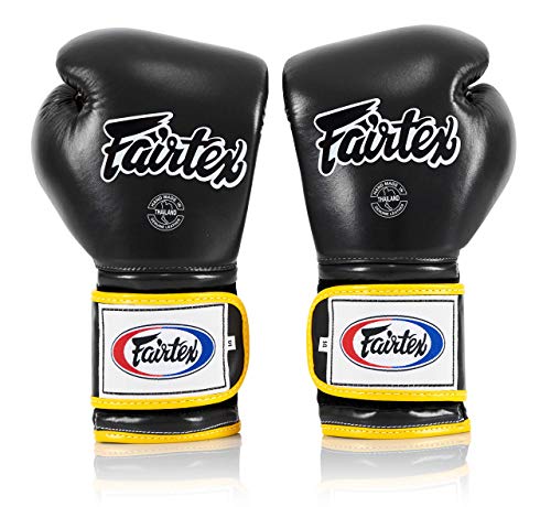 Fairtex BGV9 Muay 전문 복서 및 트레이너를 위한 | 하드 타자를 위한 멕시코 스타일 장갑 | 무술용 MMA 장갑 | 경량 및 충격 흡수 복싱 장갑 - color: 블랙/옐로우 파이핑, size: 14온스