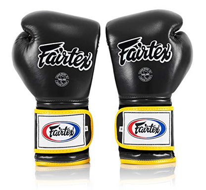 Fairtex BGV9 Muay 전문 복서 및 트레이너를 위한 | 하드 타자를 위한 멕시코 스타일 장갑 | 무술용 MMA 장갑 | 경량 및 충격 흡수 복싱 장갑 - color: 블랙/옐로우 파이핑, size: 14온스