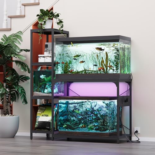 VOWNER 20-29 Gallon Fish Tank Stand with Power Outlet, Aquarium Stand,Black | Shelves for Fish Tank Accessories Storage, Heavy Duty Metal Frame, Turtle Reptile Terrarium Stand, Load 500lb - color: Black