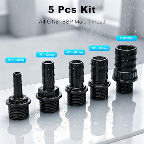 Hose Barb Fitting Set for Submersible Pump, 5PCS G1/2" Male Thread to 5/16" 1/2" 5/8" 3/4" 1" Barb Adapter Kit, PP Plastic Pump Outlet Connector for Pond Fountain Aquarium Hydroponics Water Feature
