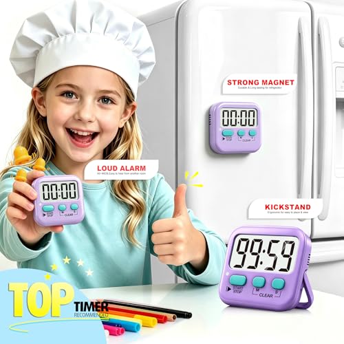 2 Pack Digital Timer for Kids Classroom Kitchen Timers for Cooking | w/ Battery, Easy to View, Alarm, Mute Mode, Count Down/Up, Magnetic, Kickstand, Hanging, Classroom Timer for Teacher Supplies - color: Fresh Purple