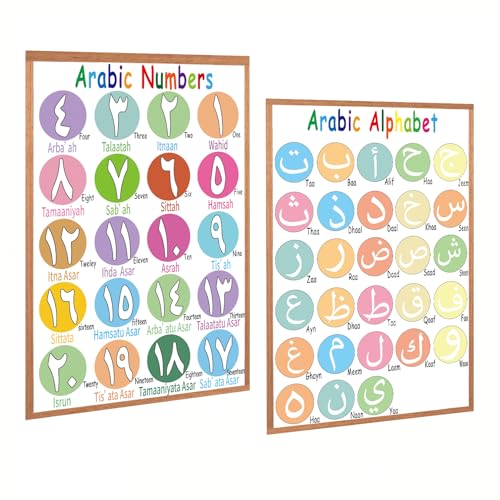 Arabic Alphabet, Numbers 1-20 Poster for Classroom Wall, Laminated, 12”x16”,2 Pack, Visual Learning Educational Learning Wall Chart for Kids, Classrooms, Home School Décor, Back to School Supplies