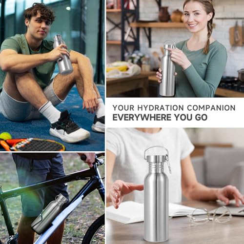 Volhoply 26oz Uninsulated Single Walled Water Bottle, Stainless Steel Reusable Water Bottles with Handle & Carabiner, BPA Free Wide Mouth Water Bottles for Gym Sports Camping(Silver,1) - color: Silver
