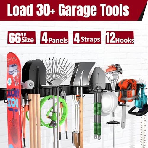 66" Garage Tool Organizer Wall Mount,20 PCS Wall Mounted Garden Tool Storage Rack Carries 720lbs, 4-Panel Steel Tool Hanger System for Shovels Rakes Brooms – Fits 16" Wall Studs - size: 66" | 4 Panels+12 Hooks+4 Straps