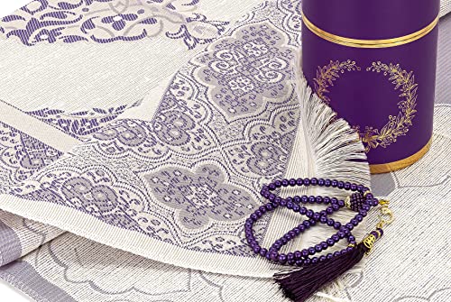 ihvan online Muslim Prayer Rug and Prayer Beads with Elegant Design Cylinder Gift Box, Janamaz, Soft Sajadah, Islamic Gifts Set, Portable Prayers Carpet Mat, Taffeta Fabric, Purple - color: Purple
