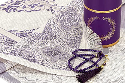ihvan online Muslim Prayer Rug and Prayer Beads with Elegant Design Cylinder Gift Box, Janamaz, Soft Sajadah, Islamic Gifts Set, Portable Prayers Carpet Mat, Taffeta Fabric, Purple - color: Purple