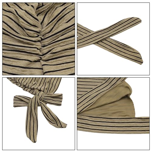 Suillty Women's Pre-Tied Muslim Hijab Bonnet Pleated Ruffle Turban Chemo Cap Underscarf Islamic Headwear - color: Khaki Striped