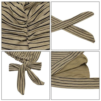 Suillty Women's Pre-Tied Muslim Hijab Bonnet Pleated Ruffle Turban Chemo Cap Underscarf Islamic Headwear - color: Khaki Striped