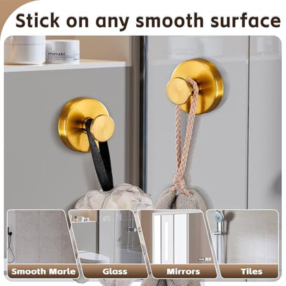 Suction Cup Hooks for Shower,Stainless Steel Towel Hooks No Drill | Vacuum-Lock Mount, Removable and Reusable for Glass, Tile, Metal and Smooth Non-Porous Surfaces(2 Pack, Brushed Gold) - color: Brushed Gold