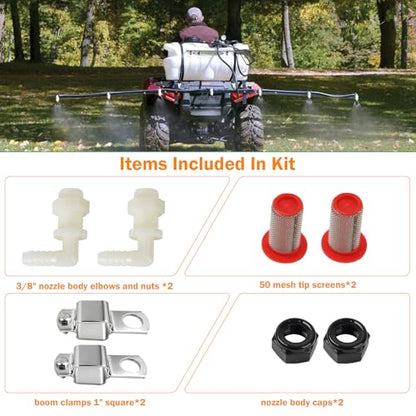 Spray Boom Repair Kit Include 3/8" Polypropylene Elbow Nozzle Body 11/16" MPS x 3/8" HB, Retaining Nuts and Caps 11/16" FPSand 50 Mesh Tip Screens Nozzle Strainers,Boom Clamps 1" Square-2 PCS