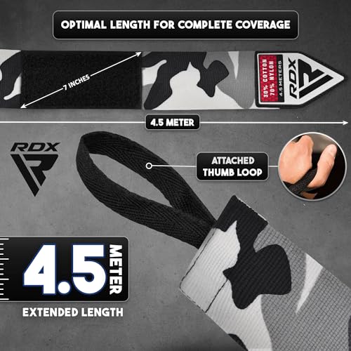 RDX Boxing Hand Wraps 4.5M / 180 Inches – Mexican Style Semi-Elastic MMA Inner Gloves - Wrist Support for Muay Thai, Kickboxing, BJJ, Karate - Thumb Loop & Hook and Loop Closure - Cotton & Nylon Blend - color: Camo