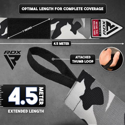 RDX Boxing Hand Wraps 4.5M / 180 Inches – Mexican Style Semi-Elastic MMA Inner Gloves - Wrist Support for Muay Thai, Kickboxing, BJJ, Karate - Thumb Loop & Hook and Loop Closure - Cotton & Nylon Blend - color: Camo
